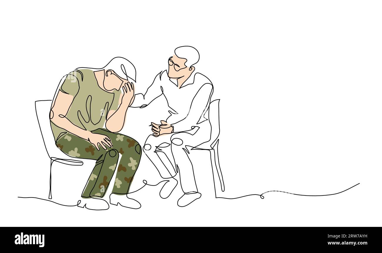 terapia con ptsd, illustrazione del vettore di trattamento con disturbo da stress post-traumatico. Veterano, soldato e psicoterapeuta. Un disegno a linee continuo di Illustrazione Vettoriale