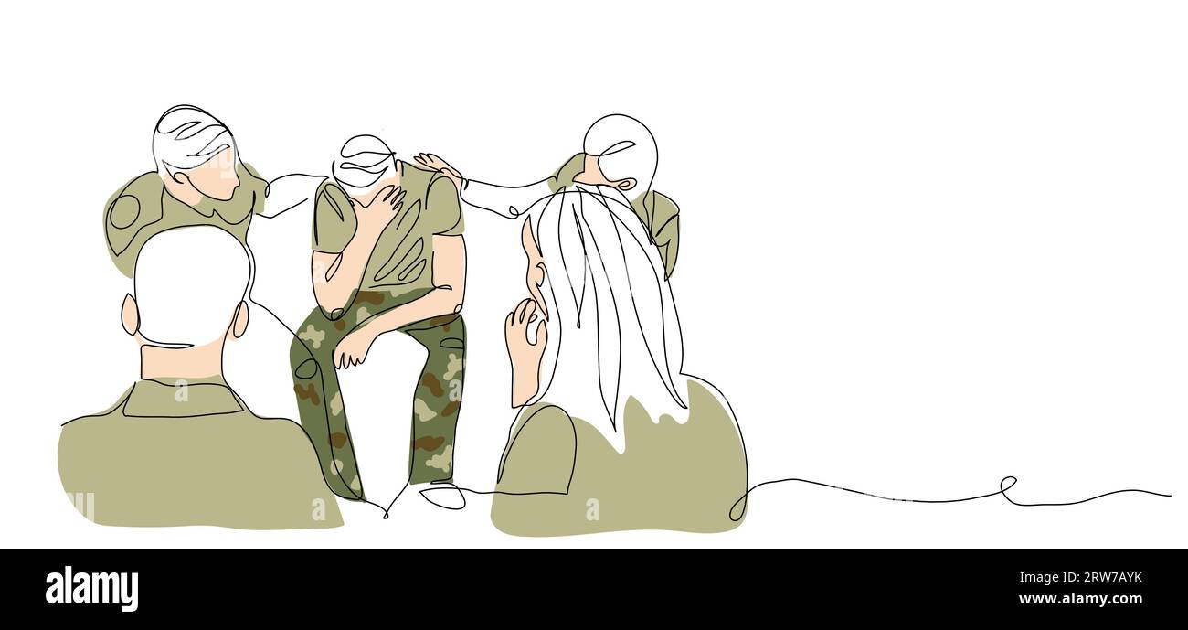 illustrazione del vettore della sessione di gruppo ptsd. Veterani, soldati con disturbo da stress post traumatico durante la terapia di gruppo di riabilitazione. Un continuo Illustrazione Vettoriale