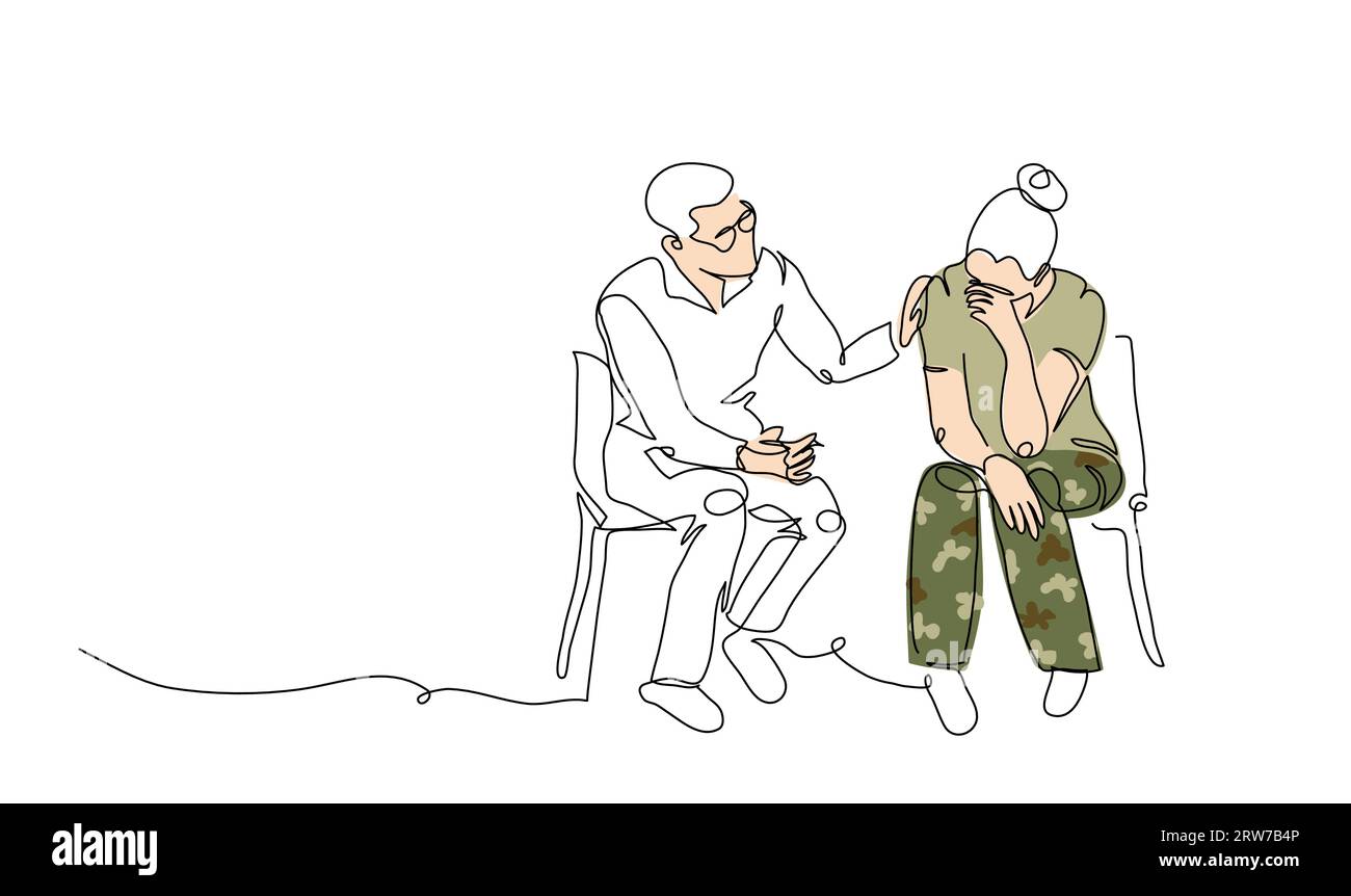 terapia con ptsd, illustrazione del vettore di trattamento con disturbo da stress post-traumatico. Veterana donna, soldato e psicoterapeuta. Una linea continua Illustrazione Vettoriale