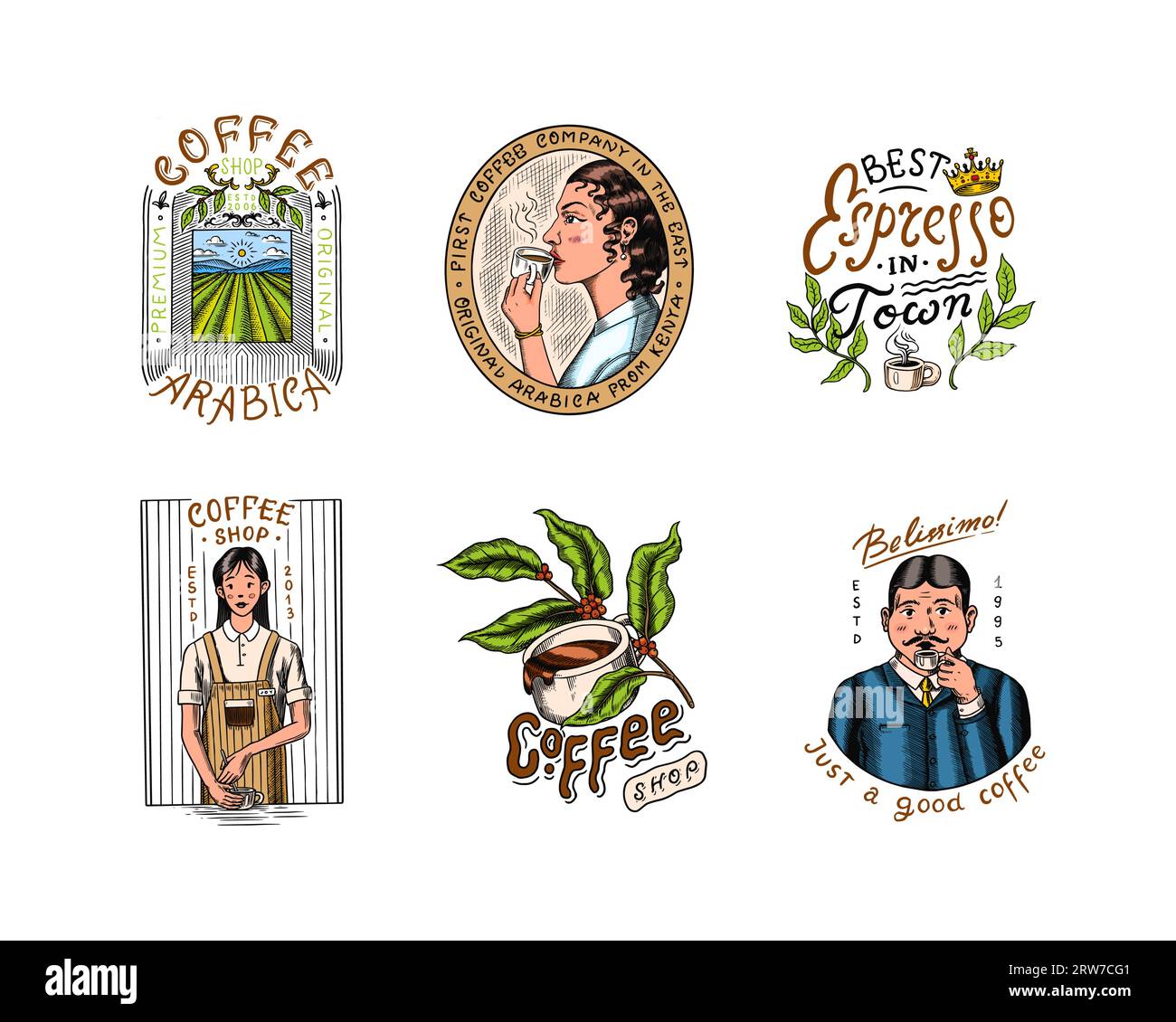 Set di caffè in stile vintage. Donna e uomo con una tazza di bevanda. Badge o logo vintage per t-shirt, tipografia, negozio o cartelloni. Fagioli e. Illustrazione Vettoriale