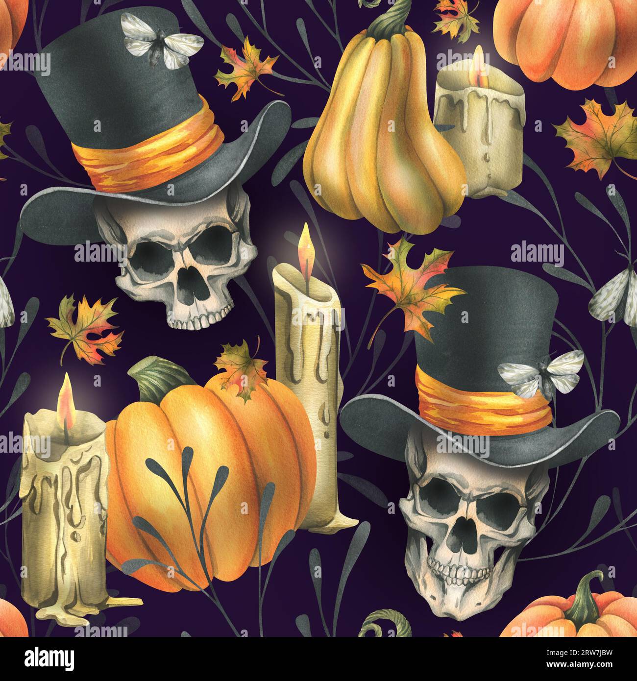 Teschi umani in cappello nero con zucche arancioni, falena, candele e foglie d'acero autunnale. Illustrazione ad acquerello disegnata a mano per Halloween. Senza interruzioni Foto Stock