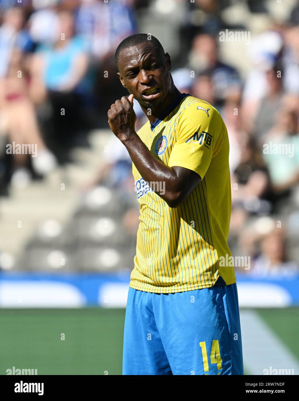 Berlino, Germania. 17 settembre 2023. Calcio: 2. Bundesliga, Hertha BSC - Eintracht Braunschweig, Matchday 6, Olympiastadion, Braunschweig's Anthony Ujah reagisce. Credito: Soeren Stache/dpa - NOTA IMPORTANTE: conformemente ai requisiti della DFL Deutsche Fußball Liga e della DFB Deutscher Fußball-Bund, è vietato utilizzare o far utilizzare fotografie scattate nello stadio e/o della partita sotto forma di immagini di sequenza e/o serie di foto simili a video./dpa/Alamy Live News Foto Stock