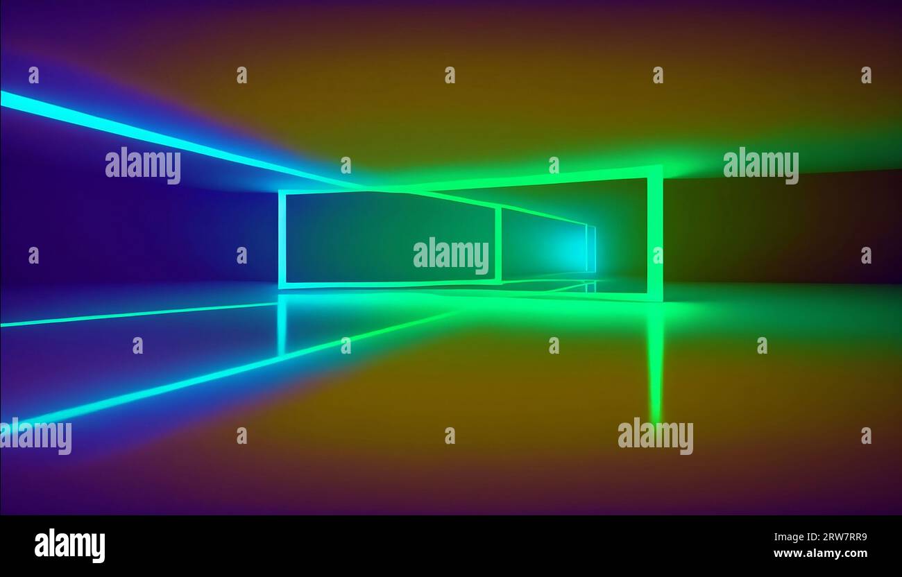 Sfondo di una stanza vuota, corridoio. Riflettore, luce al neon colorata, riflesso sulle piastrelle. Linee laser, forme, smog. Foto di alta qualità Foto Stock