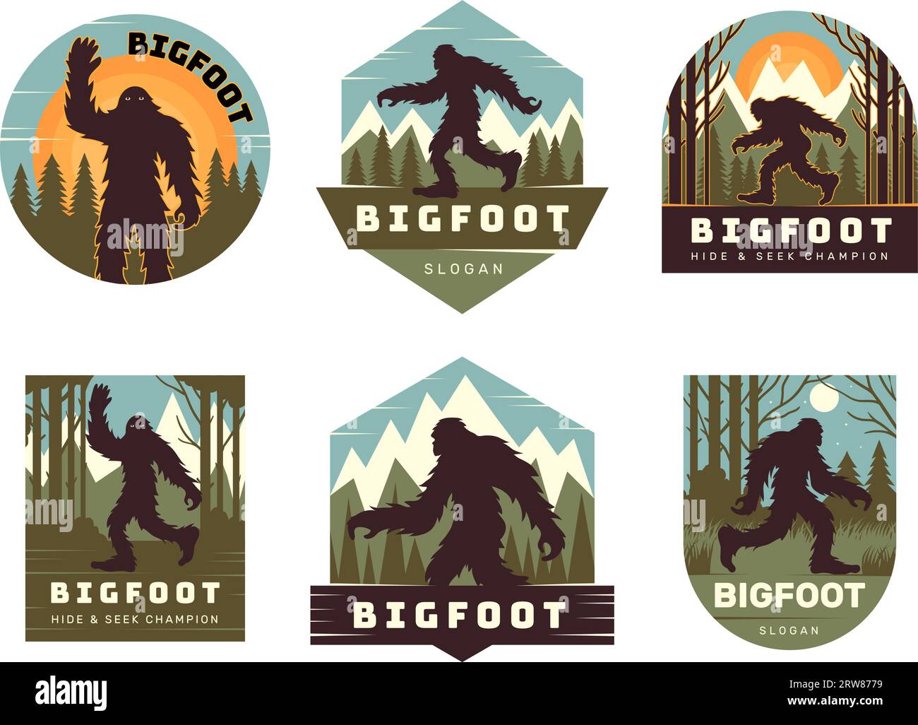 Logo Bigfoot. Badge per avventure concetti di viaggio con il personaggio bigfoot recente set di illustrazioni vettoriali con Place for text Illustrazione Vettoriale