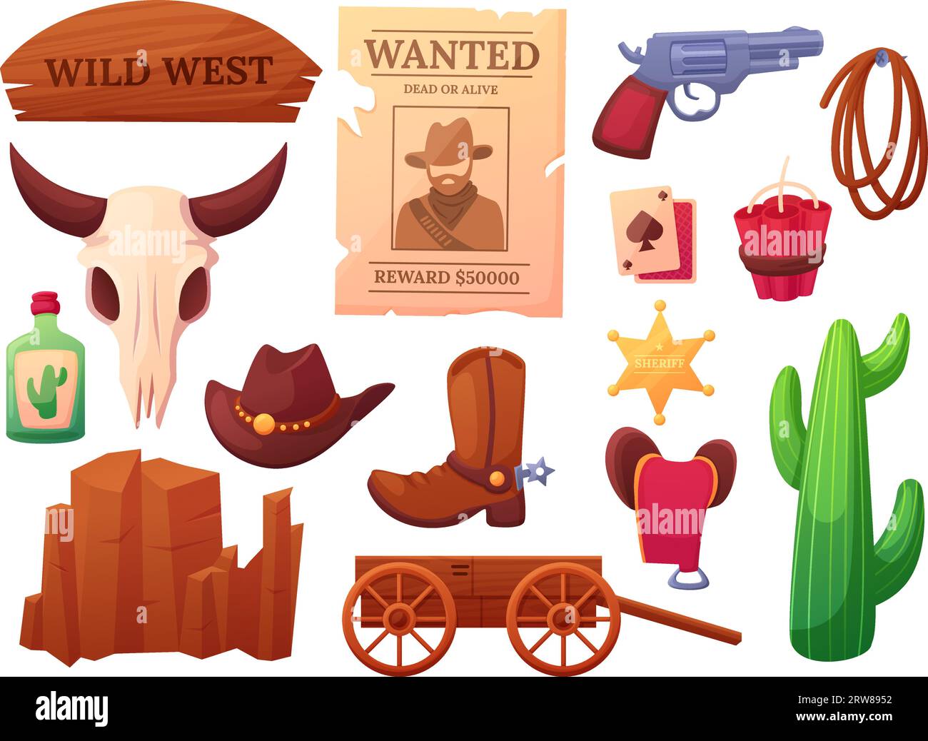 Elementi dei cartoni animati occidentali, emblemi dei cowboy e il selvaggio West. Stivali e cappello in pelle, cactus messicani e teschio di animali. Clipart vettoriale di Nowaday Illustrazione Vettoriale