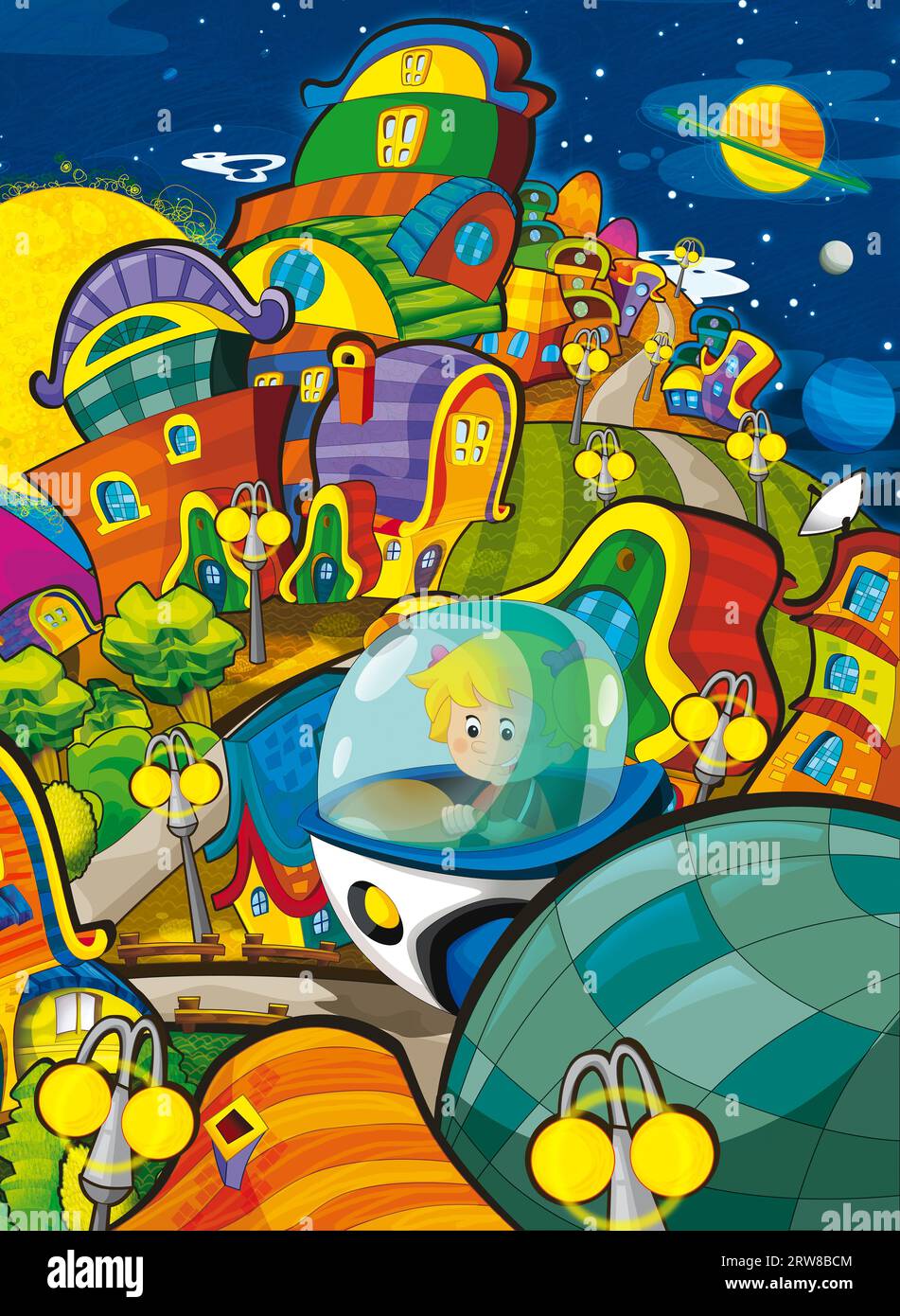 Cartoni animati divertente e colorata scena di un alieno cosmo galattico ufo, illustrazione isolata per bambini Foto Stock