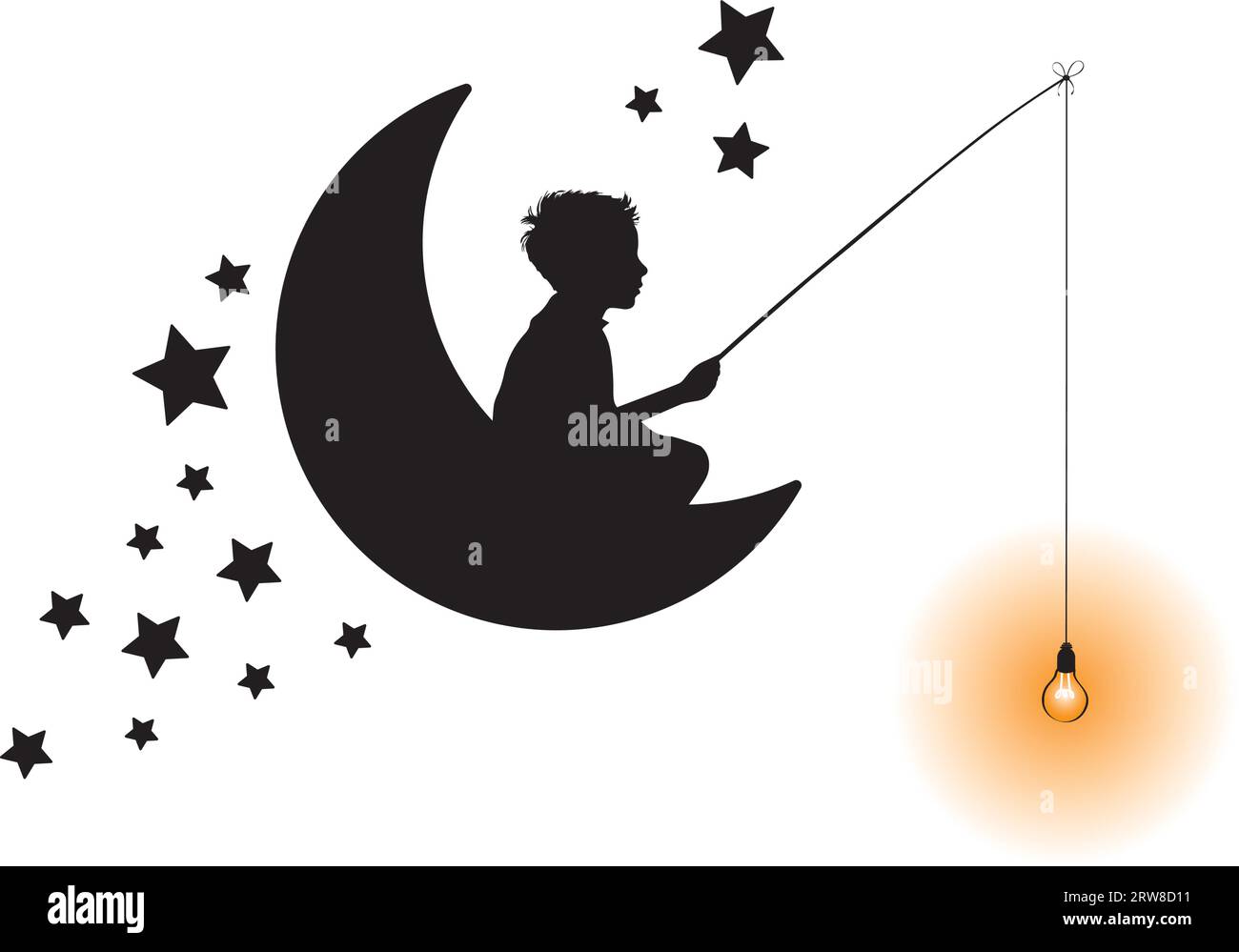 Ragazzo che pesca sulla luna, vettore. Silhouette di un pescatore sulla luna con le stelle. Decalcomanie murali isolate su sfondo bianco, design artistico, opere d'arte. Bambino Illustrazione Vettoriale