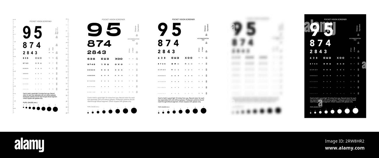 Set di Rosenbaum Pocket Vision Screener Eye test Chart illustrazione medica con numeri. Contorno stile di schizzo vettoriale di linea isolato su sfondo bianco e nero. Pannello ottico oftalmico Illustrazione Vettoriale