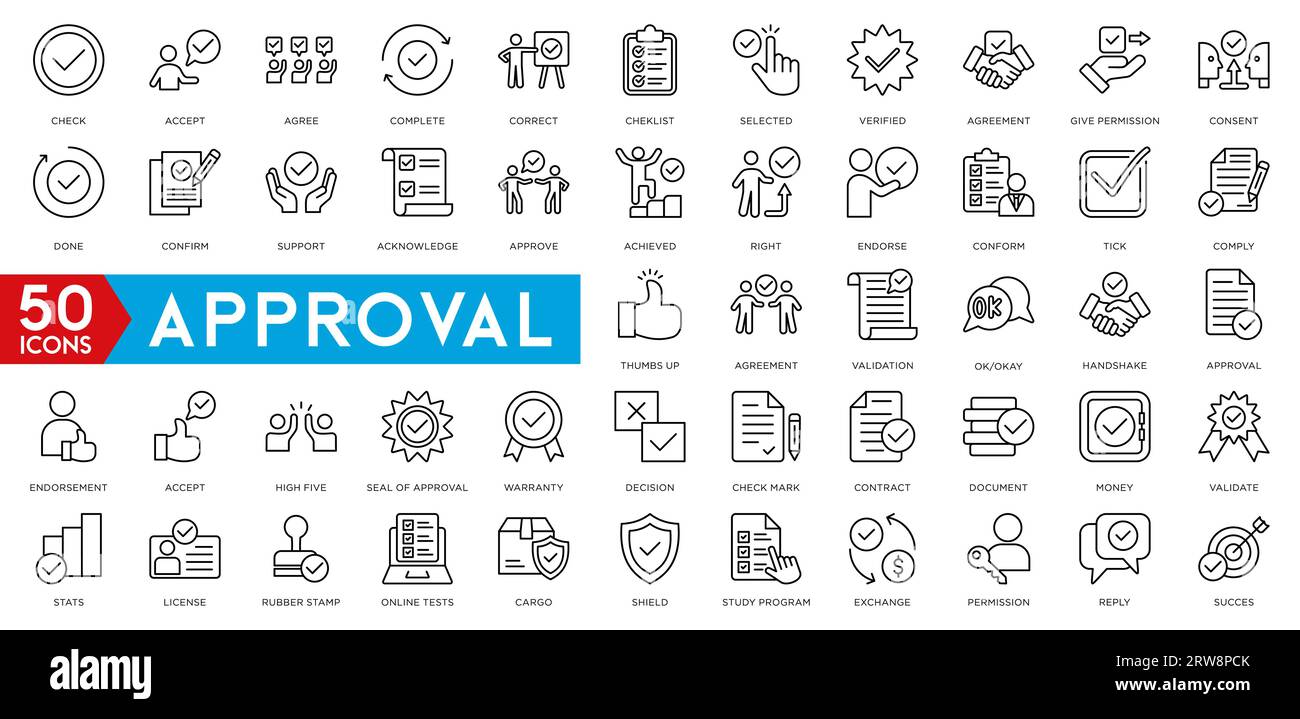Set di icone di approvazione. Contenente Accept, Certified, THROMPERS UP, Agreement, Approve, icone di convalida, sigillatura approvata, conferma e decisione. Illustrazione Vettoriale