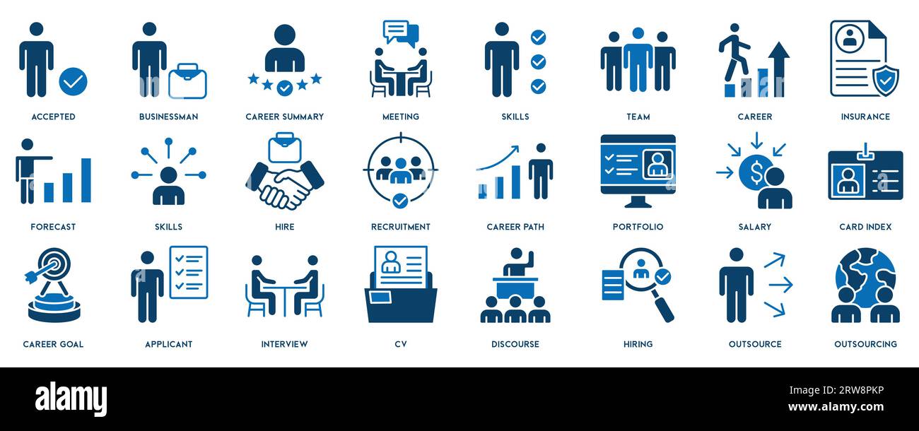 Set di icone di reclutamento. Icone di caccia alla testa, carriera, curriculum, assunzione di lavoro, candidato e risorse umane. Illustrazione Vettoriale