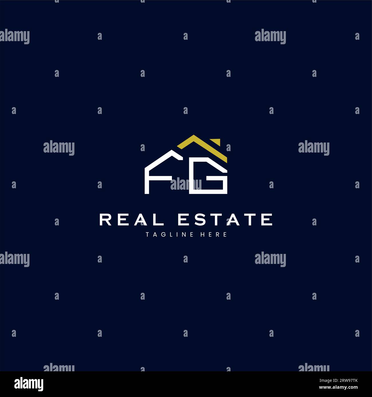 Moderno logo FG Letter Real estate in stile lineare con semplice edificio sul tetto in blu Illustrazione Vettoriale
