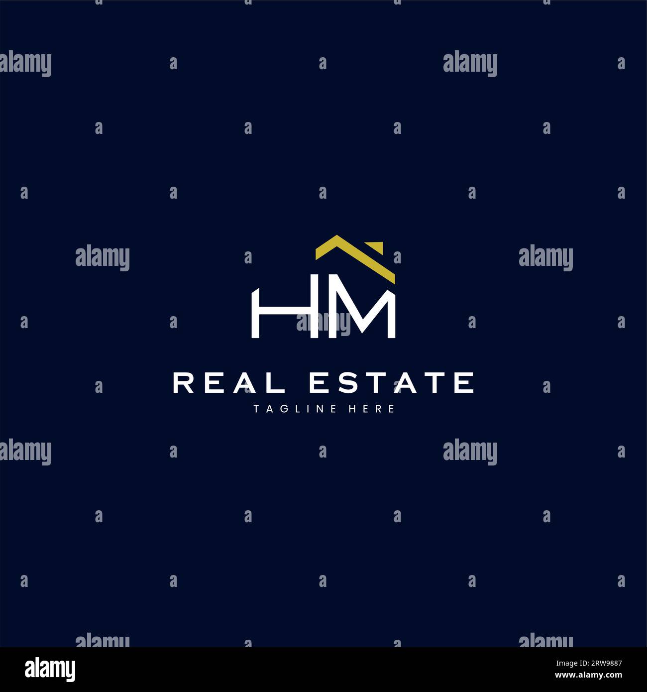 Moderno logo HM Letter Real Estate in stile lineare con semplice costruzione del tetto in blu Illustrazione Vettoriale