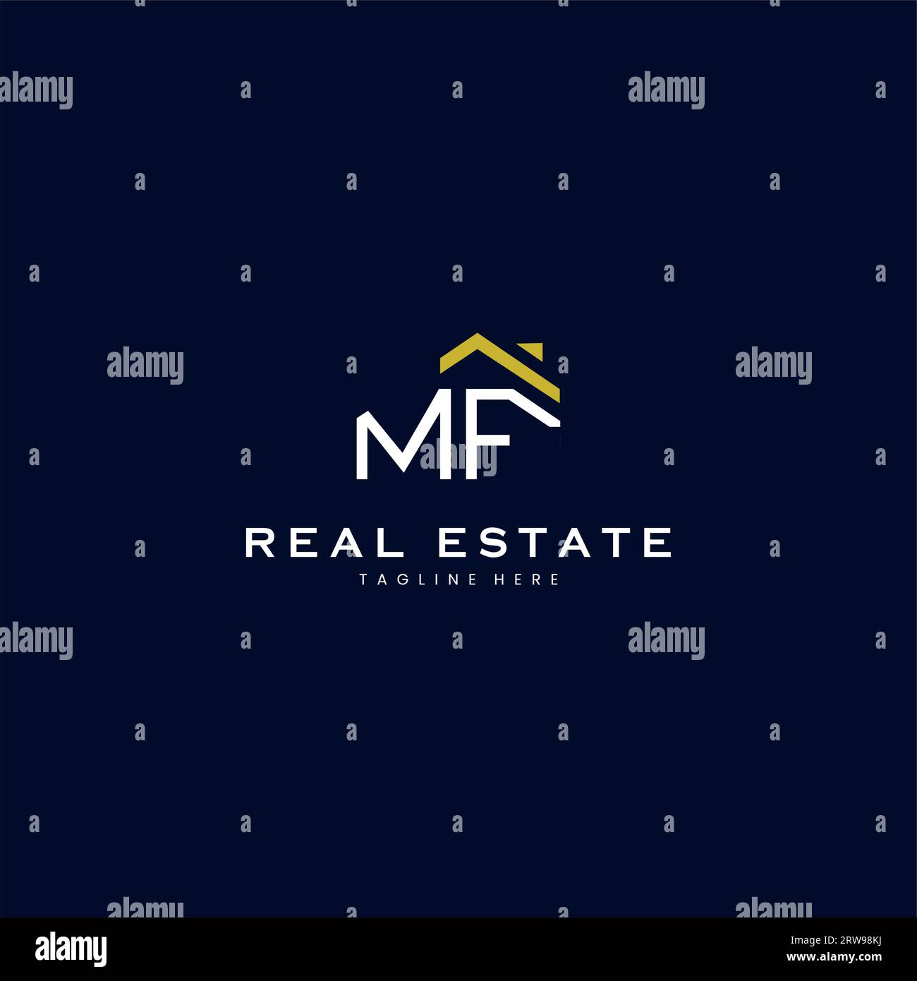 Moderno logo MF Letter Real Estate in stile lineare con semplice costruzione del tetto in blu Illustrazione Vettoriale