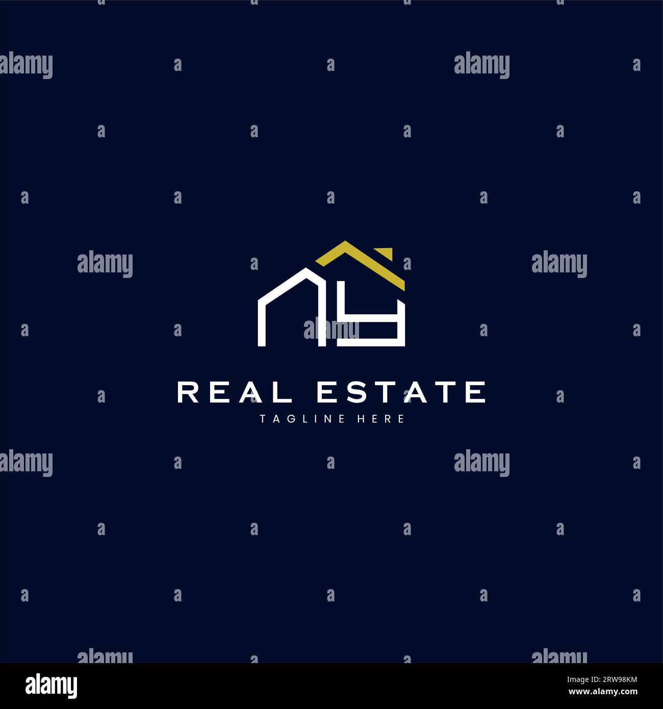 Moderno logo NY Letter Real Estate in stile lineare con semplice edificio sul tetto in blu Illustrazione Vettoriale