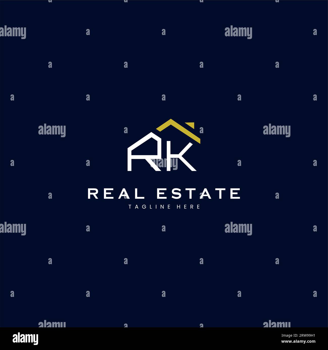 Moderno logo RK Letter Real Estate in stile lineare con un semplice edificio sul tetto in blu Illustrazione Vettoriale
