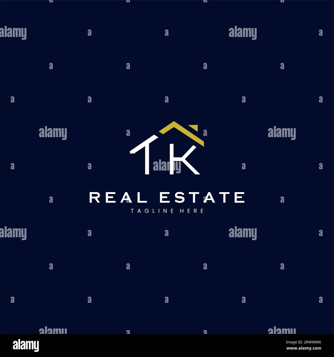 Moderno logo TK Letter Real Estate in stile lineare con un semplice edificio sul tetto in blu Illustrazione Vettoriale