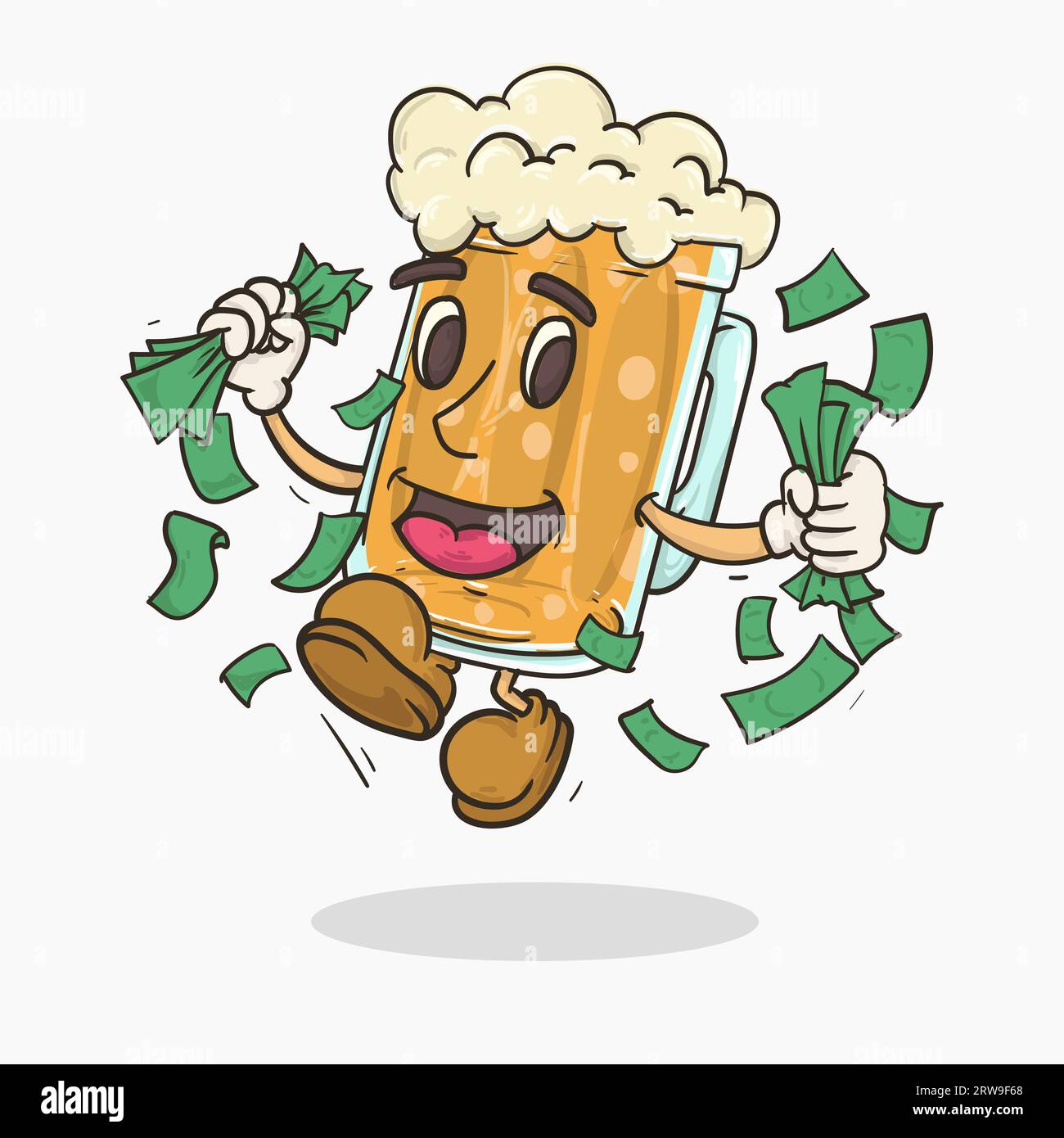 bicchiere di birra ricco con salto con mascotte facciali e illustrazione vettoriale di denaro Illustrazione Vettoriale