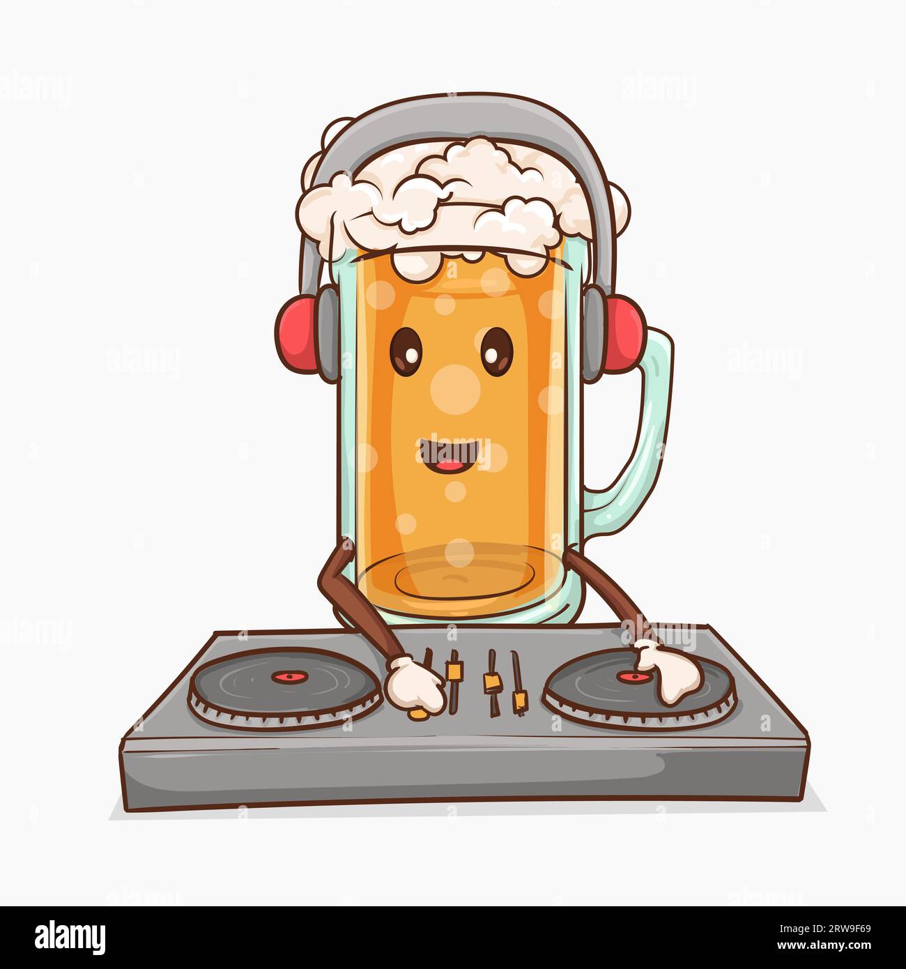 bicchiere di birra con la simpatica mascotte kawaii dj che gioca a turn table illustrazione vettoriale Illustrazione Vettoriale