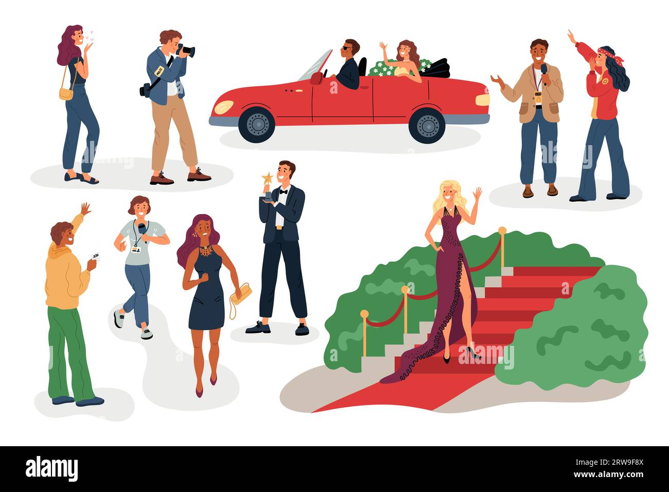 Persone celebrità. Personalità famose. Attori e musicisti popolari. Mostrare i rappresentanti aziendali. Personaggi ricchi. Giornalista all'evento RED Illustrazione Vettoriale