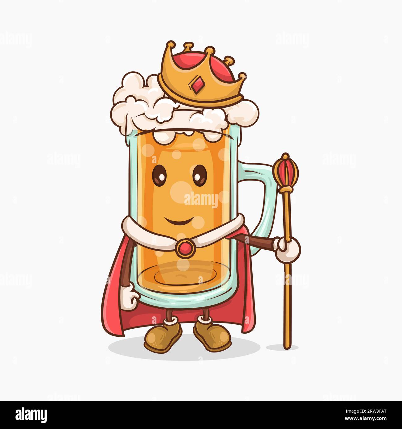 Bicchiere di birra con simpatica mascotte kawaii costume re con scettro illustrazione vettoriale Illustrazione Vettoriale