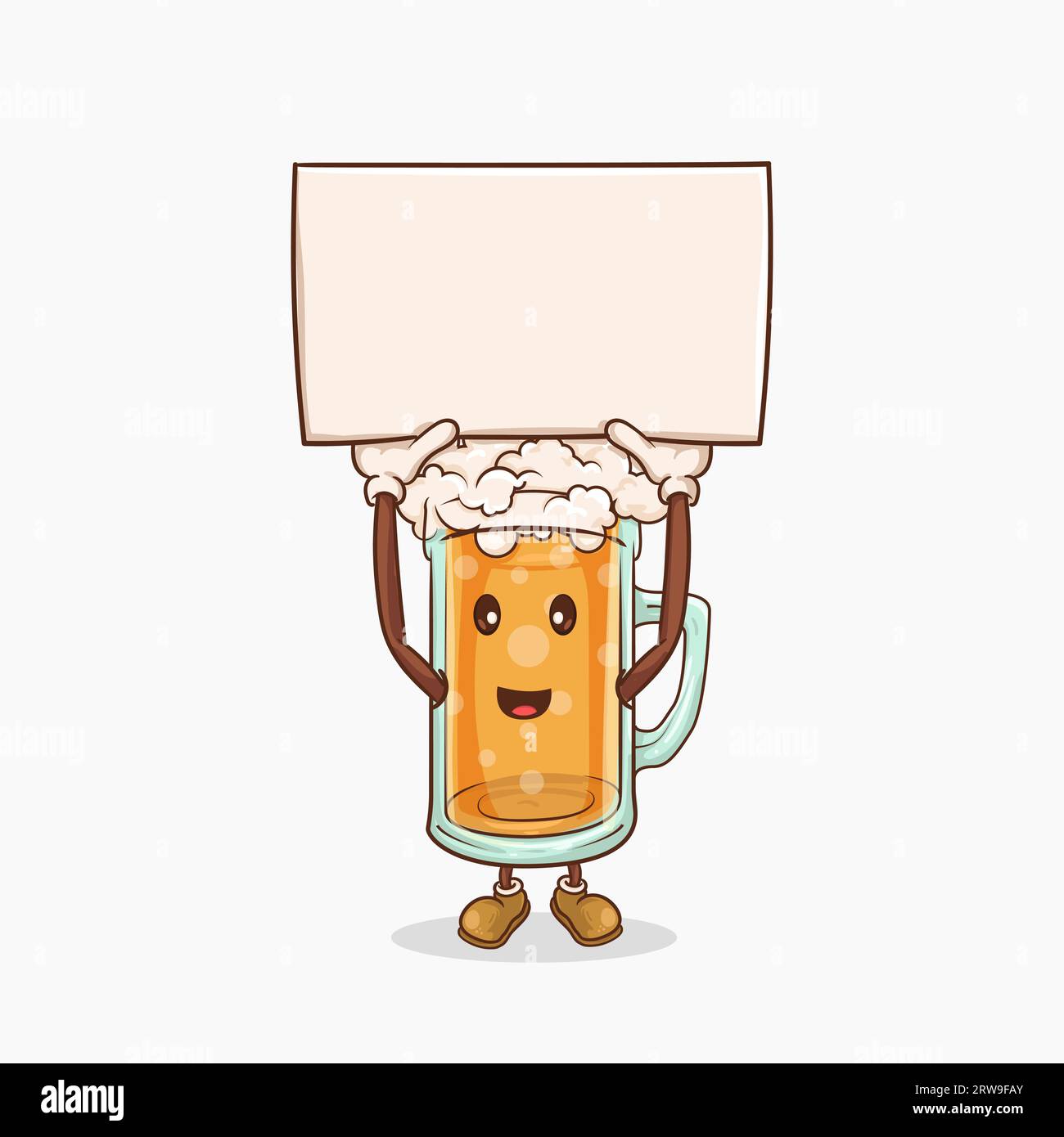 bicchiere di birra con faccia carina kawaii con cartello vuoto per l'illustrazione vettoriale della mascotte copyspace Illustrazione Vettoriale