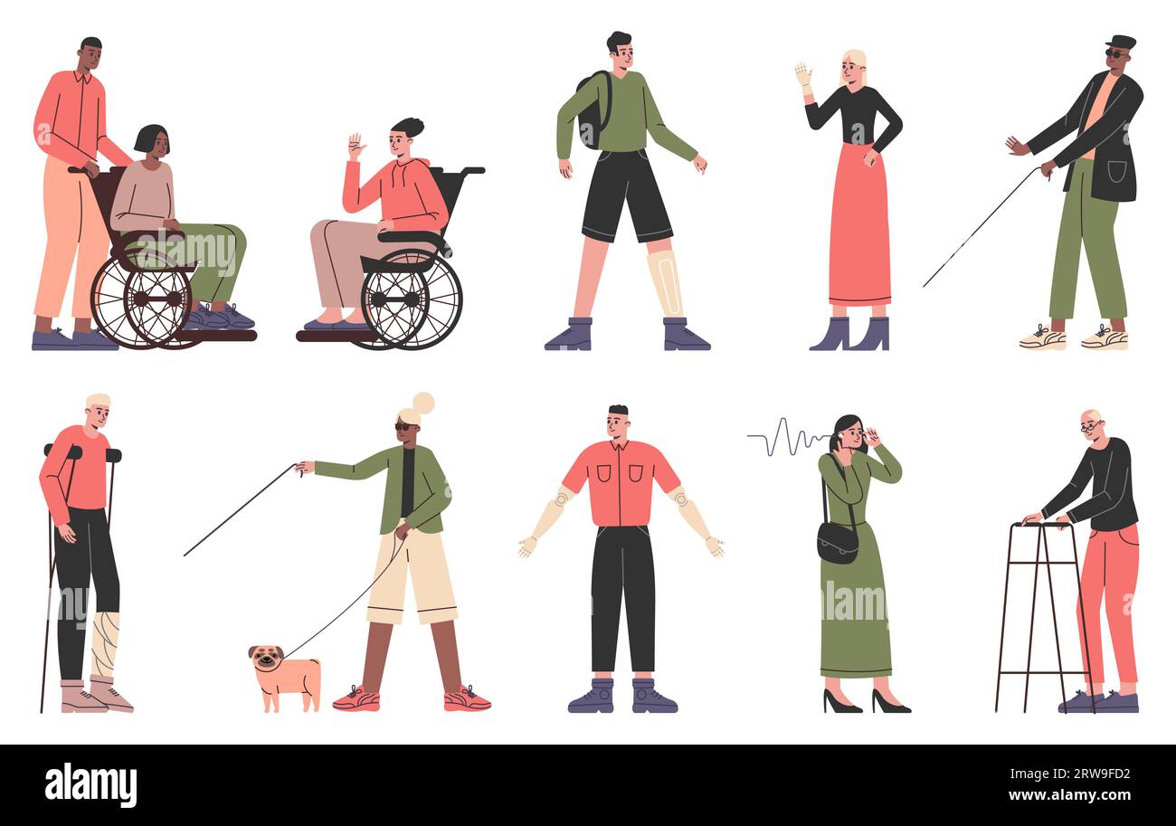 Persone con disabilità. Personaggi delle inabilità fisiche. Emozioni positive. Persone non vedenti con bastone da passeggio e cane. Un uomo e una donna paralizzati Illustrazione Vettoriale