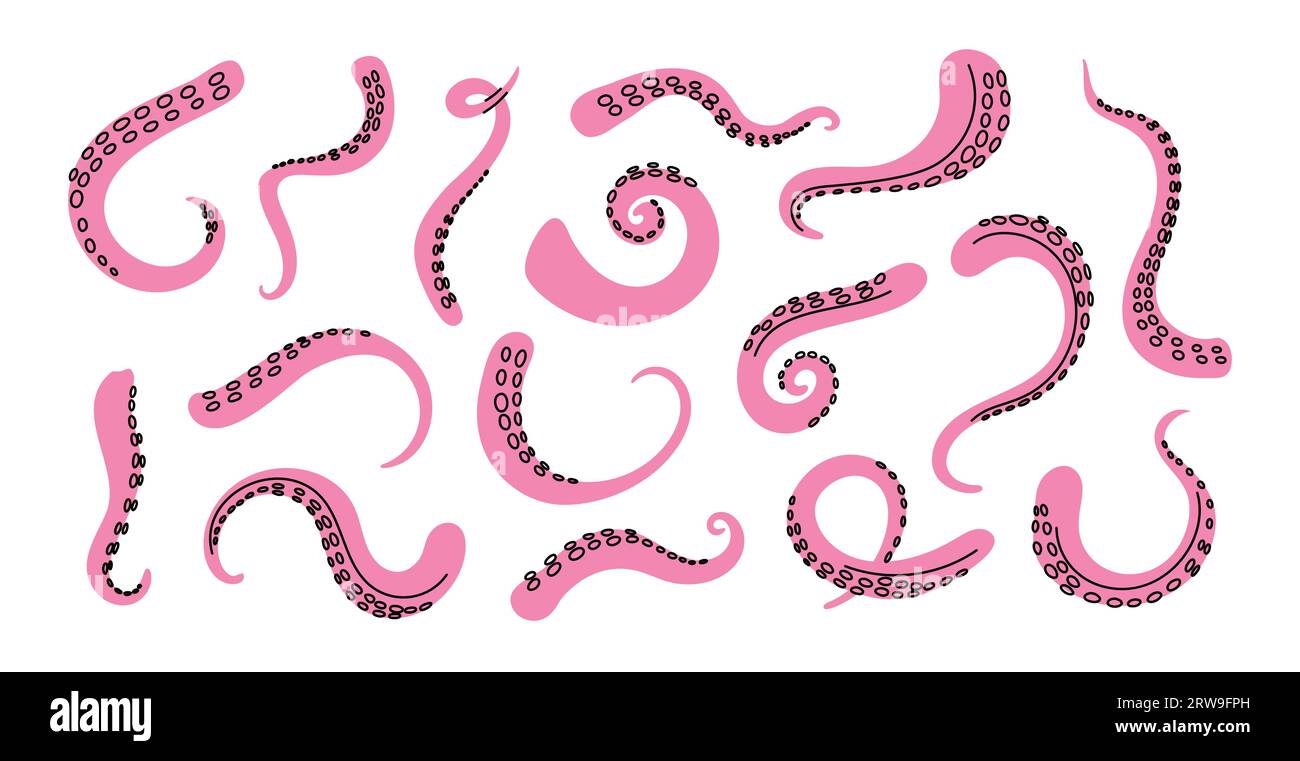 Tentacoli rosa di polpo. Simpatici molluschi contorti lunghi. Cartoni animati subacquei creature palpuses. Gli animali cefalopodi arricciano le braccia. Predatore sottomarino Illustrazione Vettoriale