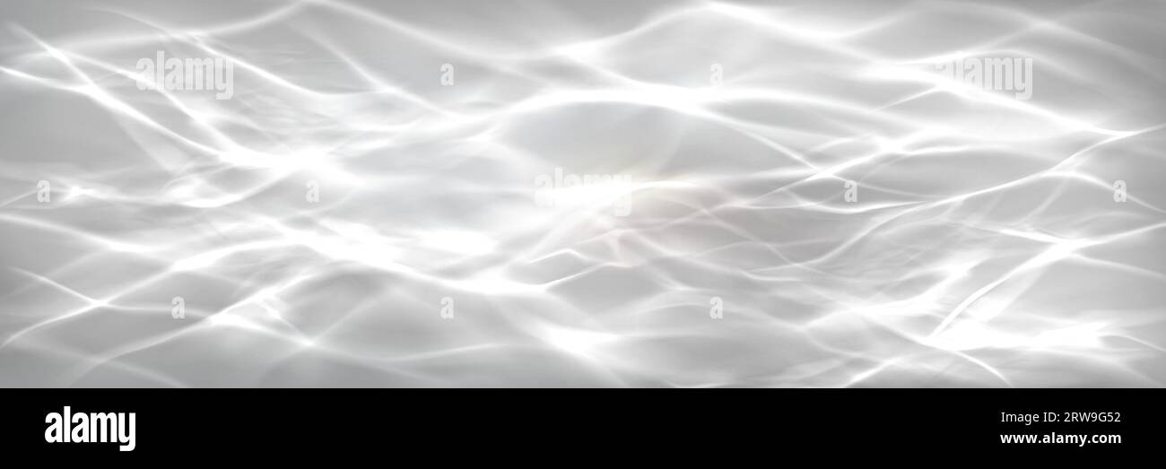 Sfondo di sovrapposizione della luce a onde bianche. modello 3d di superficie dell'oceano trasparente con sfondo effetto riflesso. Consistenza desaturata in marmo. Soleggiato movimento di ondulazione dell'acqua con rifrazione lucida Illustrazione Vettoriale