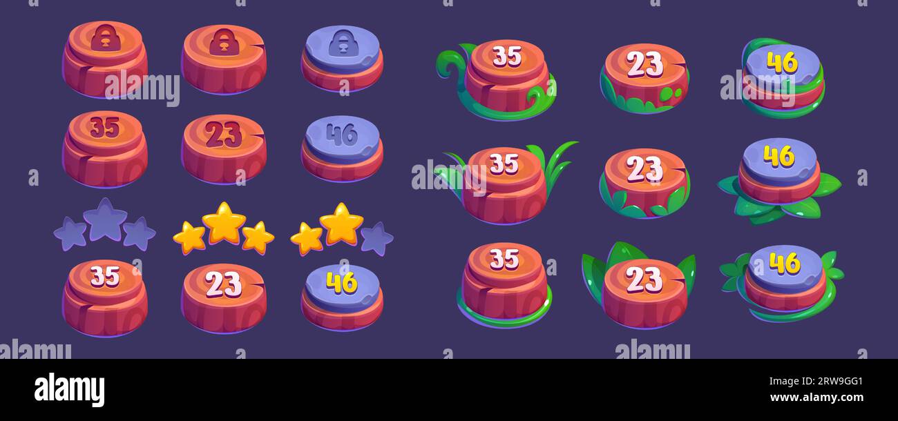 Indicatori per selezionare il livello di gioco con una valutazione a stelle. Gui puntatori in legno e pietra con erba - bloccato, in corso e completo. Set vettoriale dei cartoni animati con pulsante di selezione della piattaforma per la mappa del videogioco. Illustrazione Vettoriale
