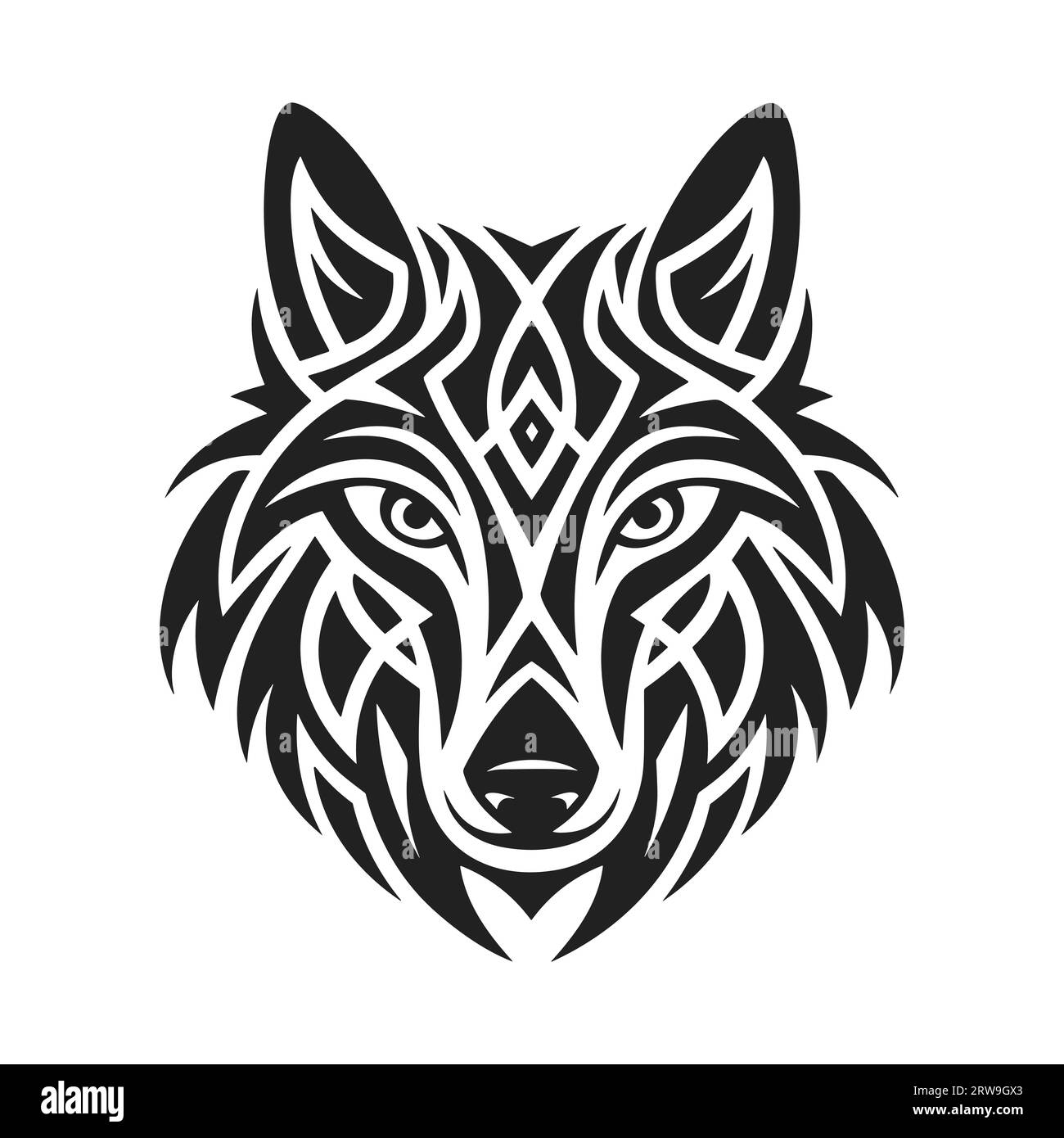 Tatuaggio tribale della testa di lupo con ornamento celtico e nordico disegno vettoriale in stile piatto. Illustrazione Vettoriale