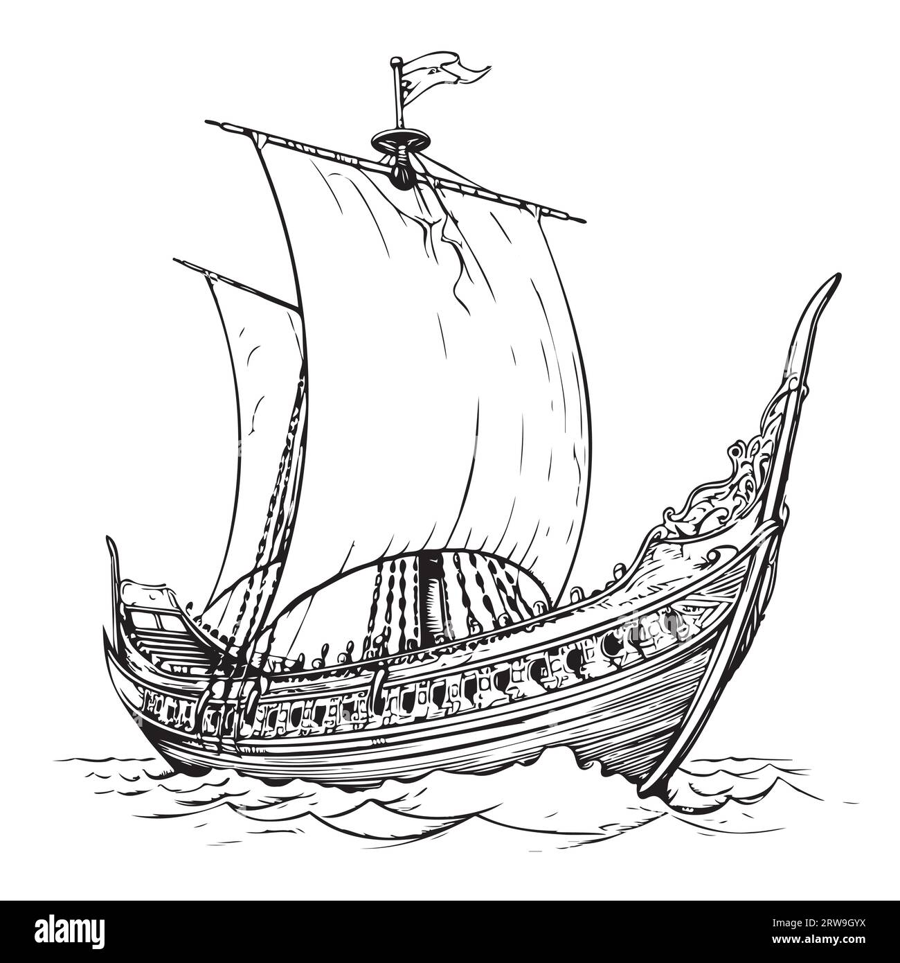 Schizzo di una nave vichinga, illustrazione vettoriale disegnata a mano Illustrazione Vettoriale