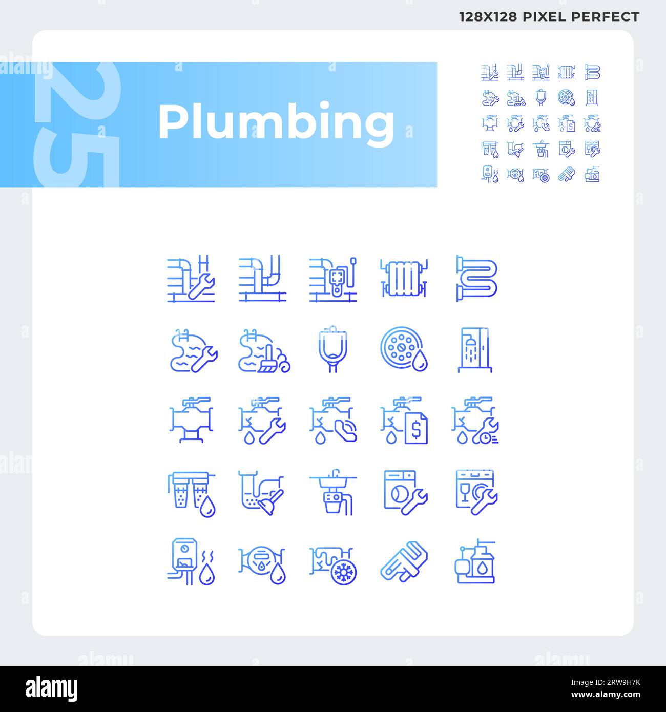 Set di icone idrauliche 2D pixel Perfect Blue Illustrazione Vettoriale