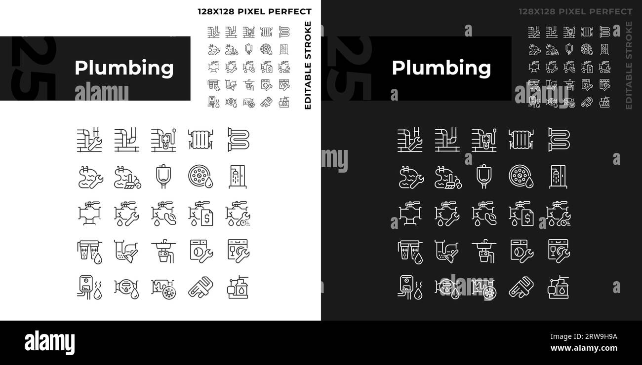 Set di icone idrauliche chiare e scure perfette per pixel modificabili Illustrazione Vettoriale