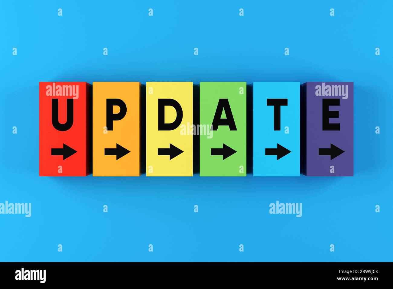 Aggiornamento software o annuncio di aggiornamenti. Aggiornamento della parola su blocchi colorati. Foto Stock