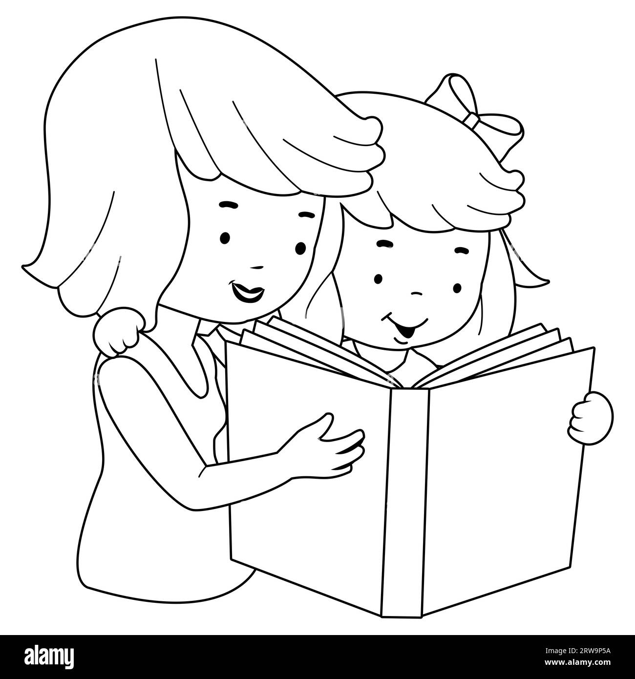 Madre e figlia che leggono un libro. Pagina di colorazione in bianco e nero Foto Stock