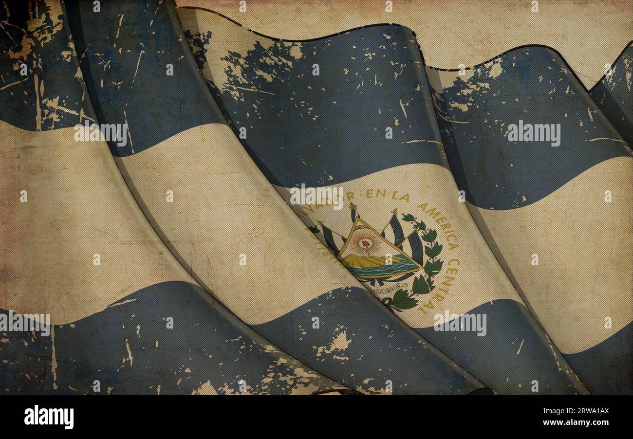 Immagine di sfondo di un vecchio foglio con la stampa di una bandiera di El Salvador Foto Stock