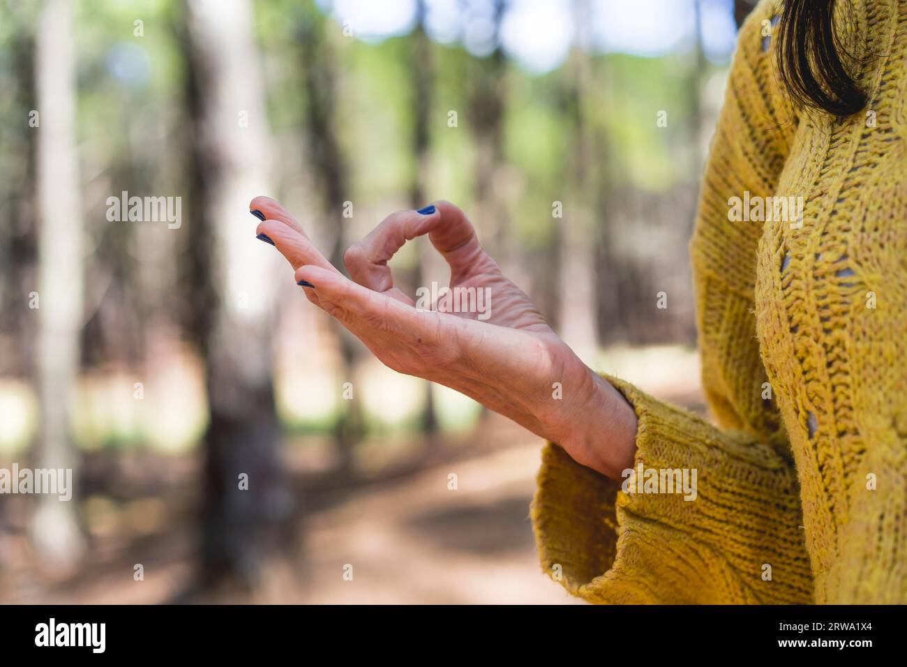 Chin mudra da vicino giustiziato da una donna Foto Stock