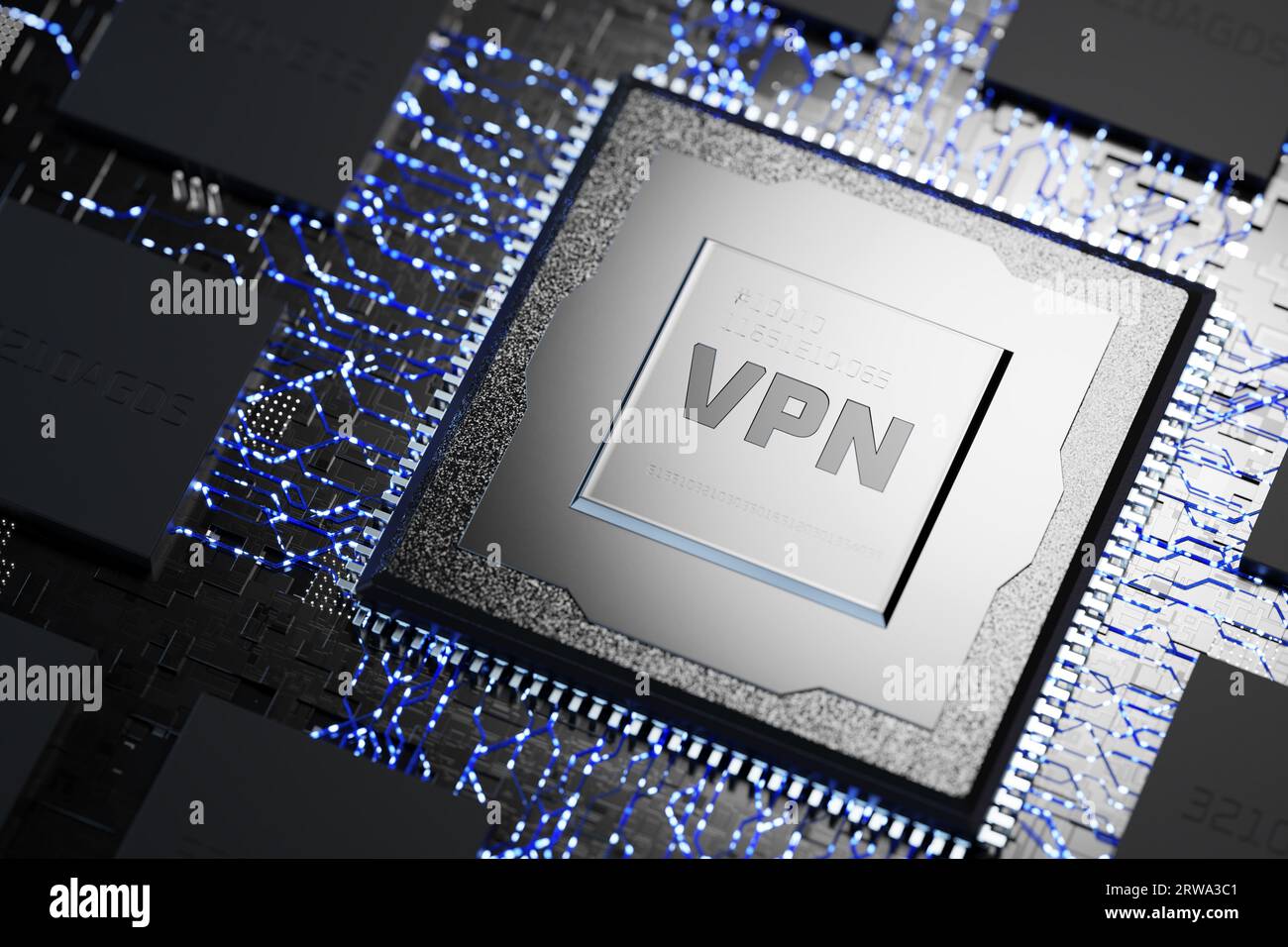 Libertà di parola con VPN. Sicurezza della rete VPN, crittografia della privacy di Internet. Iscrizione VPN su processore astratto. Rete privata virtuale. Foto Stock