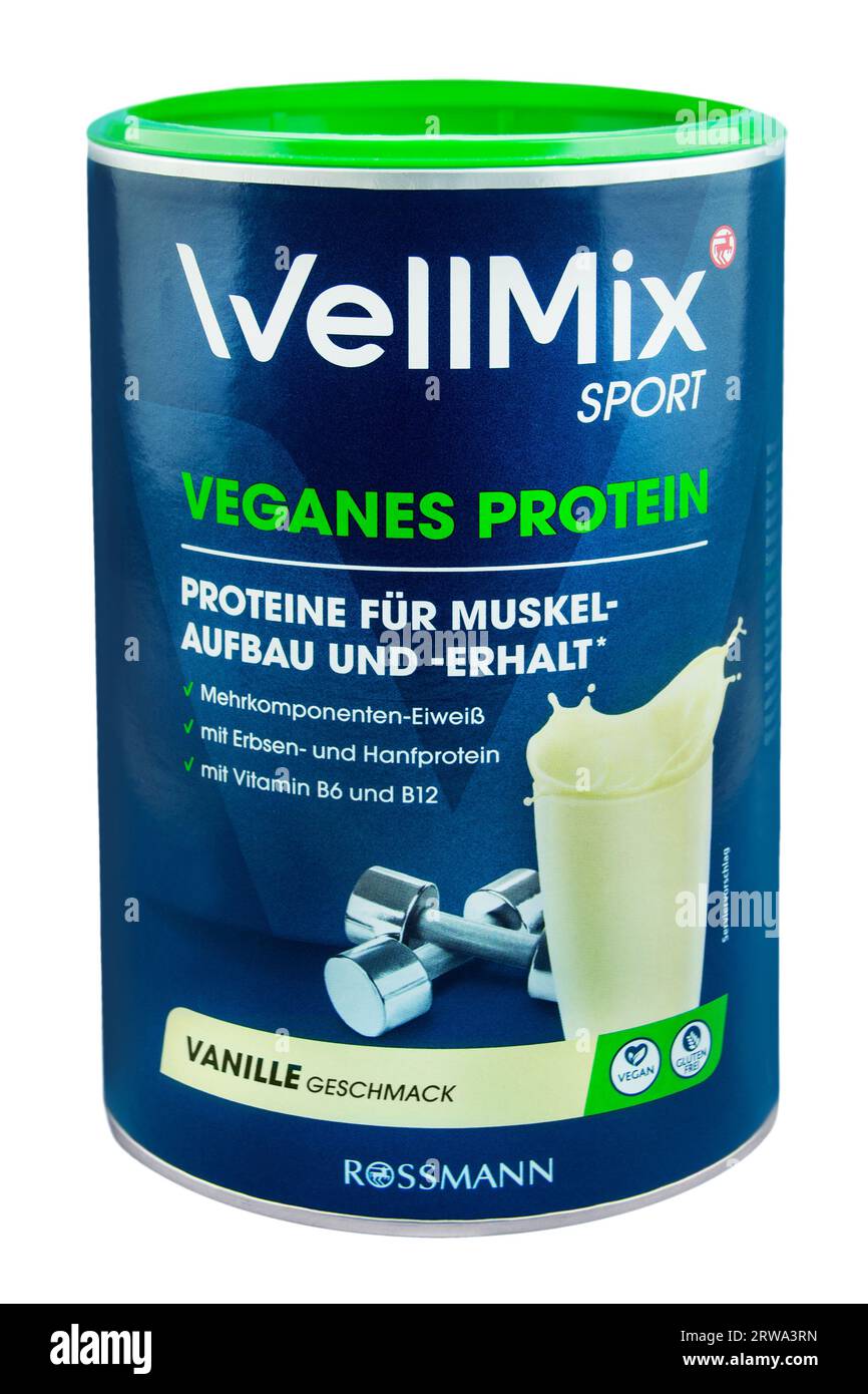 Amburgo, Germania - 12 settembre 2023: Tedesco Wellmix Sport Vegan Protein Shake Vanilla Foto Stock