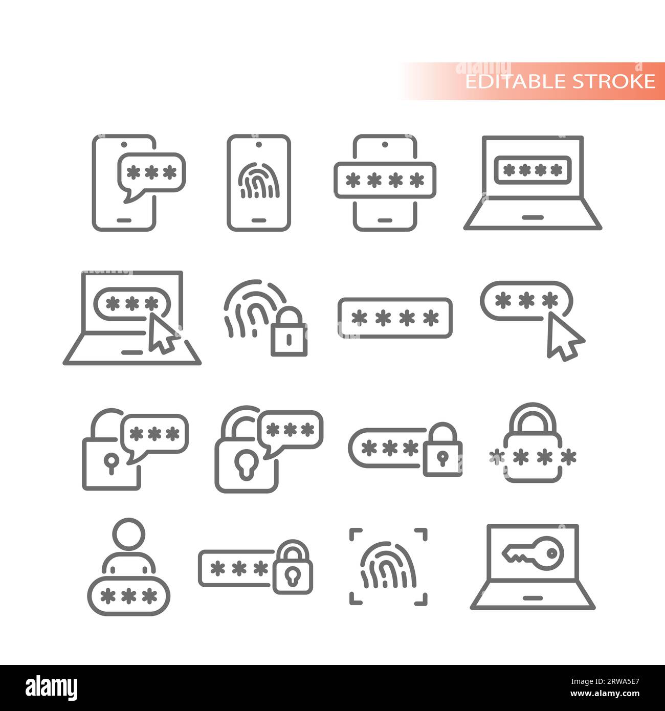 Set di icone del vettore di sicurezza protetto da password. Campo dei caratteri mascherati con icone del profilo del telefono e dell'account impronte digitali. Illustrazione Vettoriale