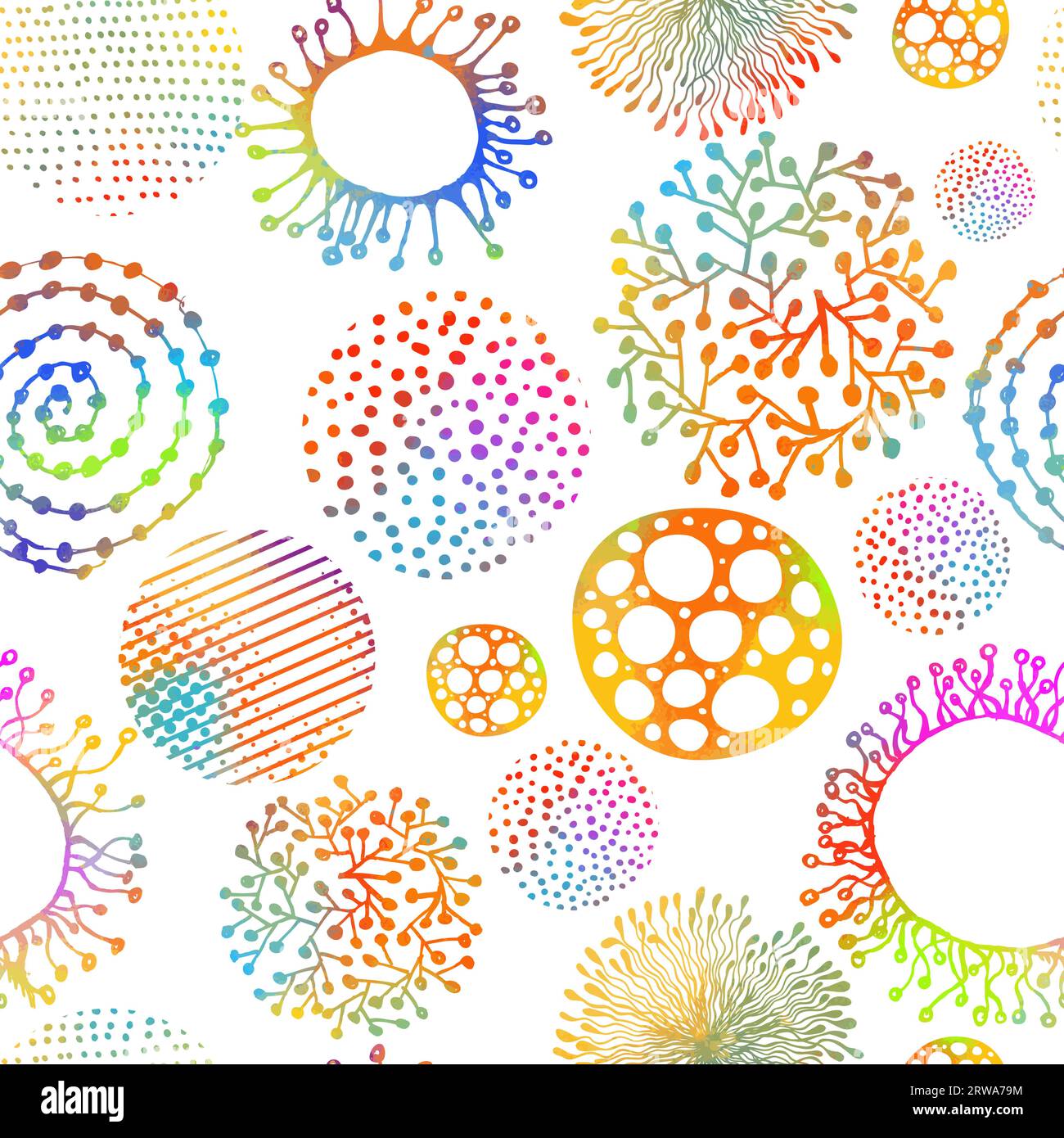 Moderno motivo floreale esotico. Motivo senza cuciture di elementi astratti colorati. Illustrazione vettoriale. Motivo in stile cartone animato disegnato a mano. Illustrazione Vettoriale
