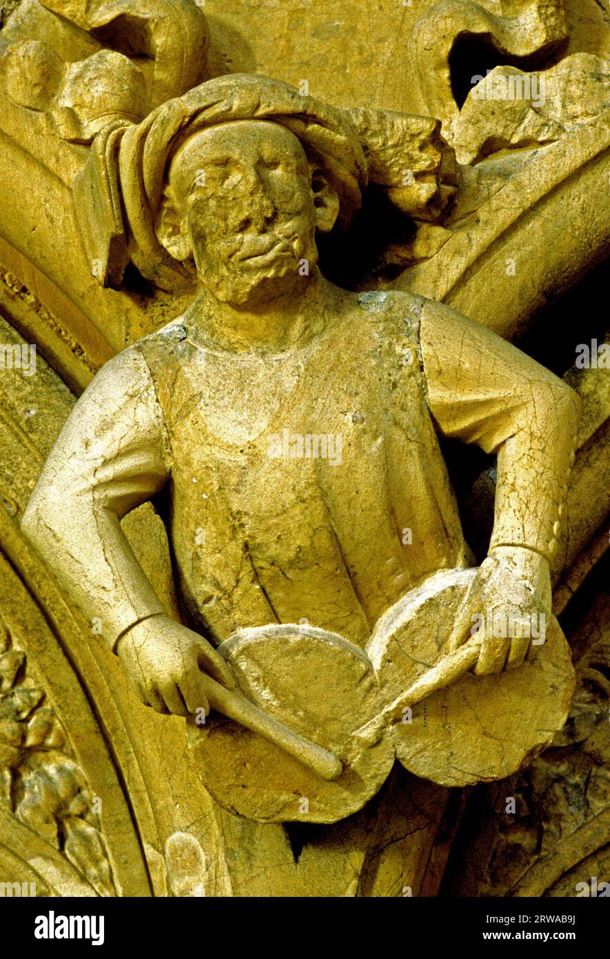 Beverley Minster, musicista medievale, nakers, tamburi di bollitore, intaglio in pietra, Yorkshire, Inghilterra Foto Stock