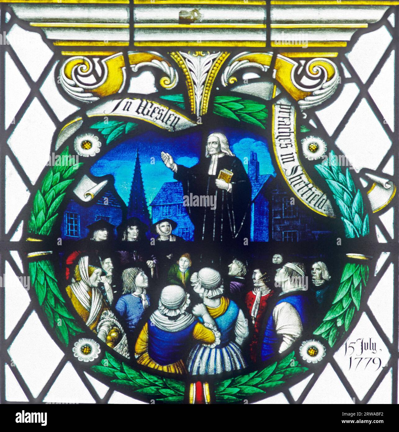 John Wesley Window, Preaching, Sheffield Cathedral, Chapter House, Yorkshire, Inghilterra, Regno Unito Foto Stock