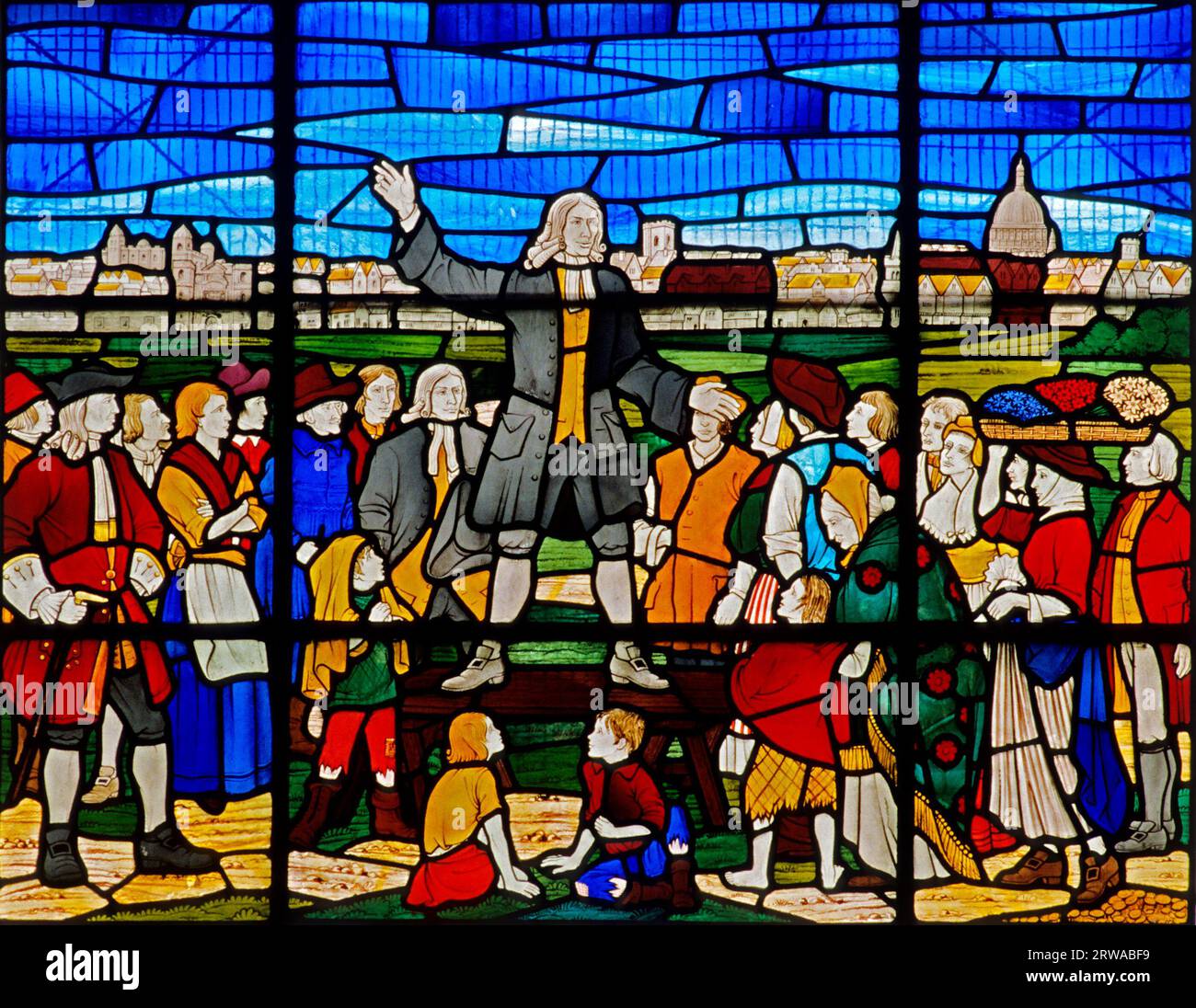 John Wesley, predicatore, alla folla, vetrate colorate, St. La chiesa di Botolph, Aldersgate, Londra, Inghilterra Foto Stock