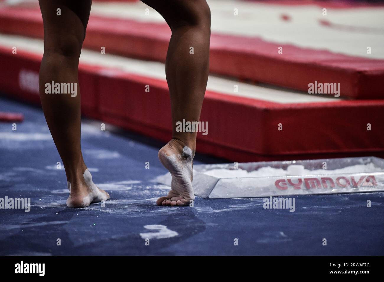 Parigi, Francia. 17 settembre 2023. Questa fotografia mostra il logo francese dei Giochi Olimpici Marine Boyer che gareggia durante le finali della nuova ginnastica Artistica Internazionale francese presso la sala dei Giochi Olimpici dell'Accor Arena di Parigi il 17 settembre 2023. Foto di Firas Abdullah/ABACAPRESS.COM credito: Abaca Press/Alamy Live News Foto Stock