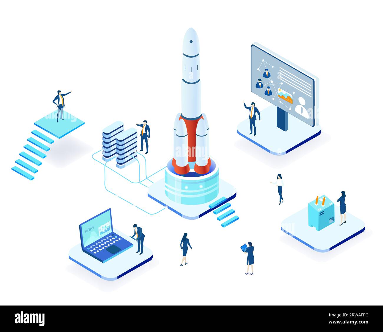 Infografica sull'ambiente isometrico. Gli uomini d'affari lavorano insieme accanto al razzo. Rocket è pronto per iniziare, tecnologia spaziale, concetto di avvio Foto Stock