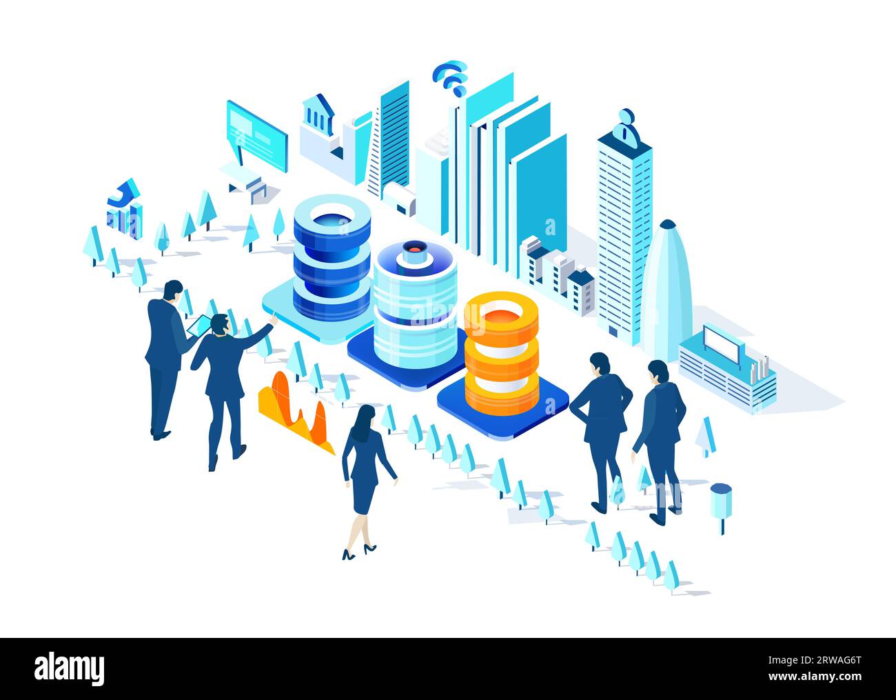 Affari, logistica, banche, investimenti in città. Persone che lavorano per problemi logistici. Ambiente aziendale isometrico Foto Stock
