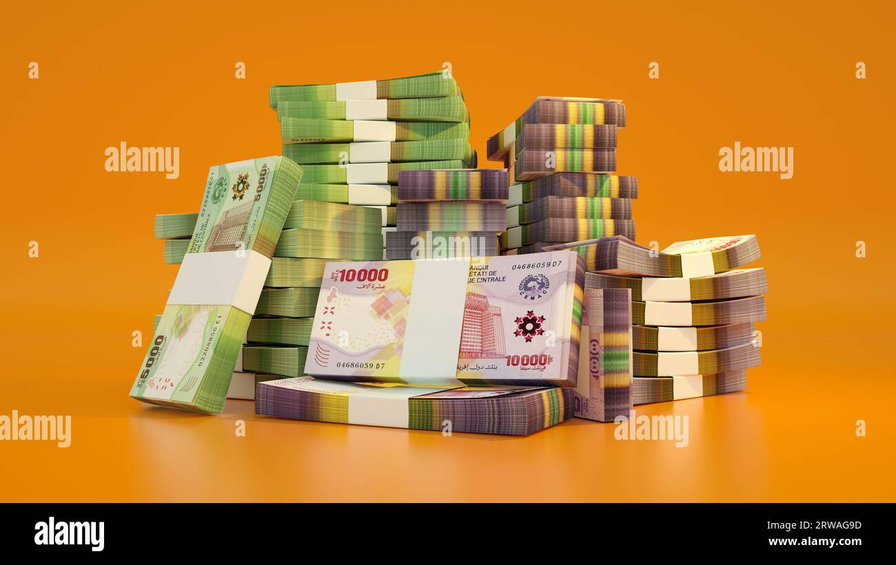 Pile di banconote in franchi CFA dell'Africa centrale. Molti soldi isolati su sfondo arancione. rendering 3d di pacchetti di denaro contante Foto Stock