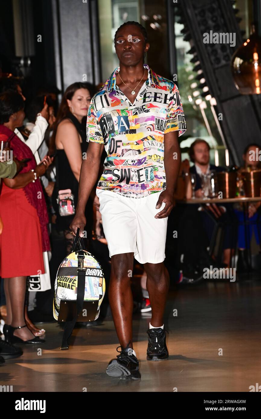 Londra, Regno Unito. 17 settembre 2023. I designer si esibiscono alla sfilata Luxs London per la London Fashion Week. Ho scoperto che la sfilata di moda di ristoranti e club è più interessante che attrae il pubblico e l'industria globale, invece di stare seduti a guardare una sfilata di moda. La moda dovrebbe essere divertente e l'abbigliamento quotidiano che indossiamo dovrebbe riflettere le nostre personalità al cavo Restaurant London, The Now Building, Londra, Regno Unito. Credito: Vedere li/Picture Capital/Alamy Live News Foto Stock