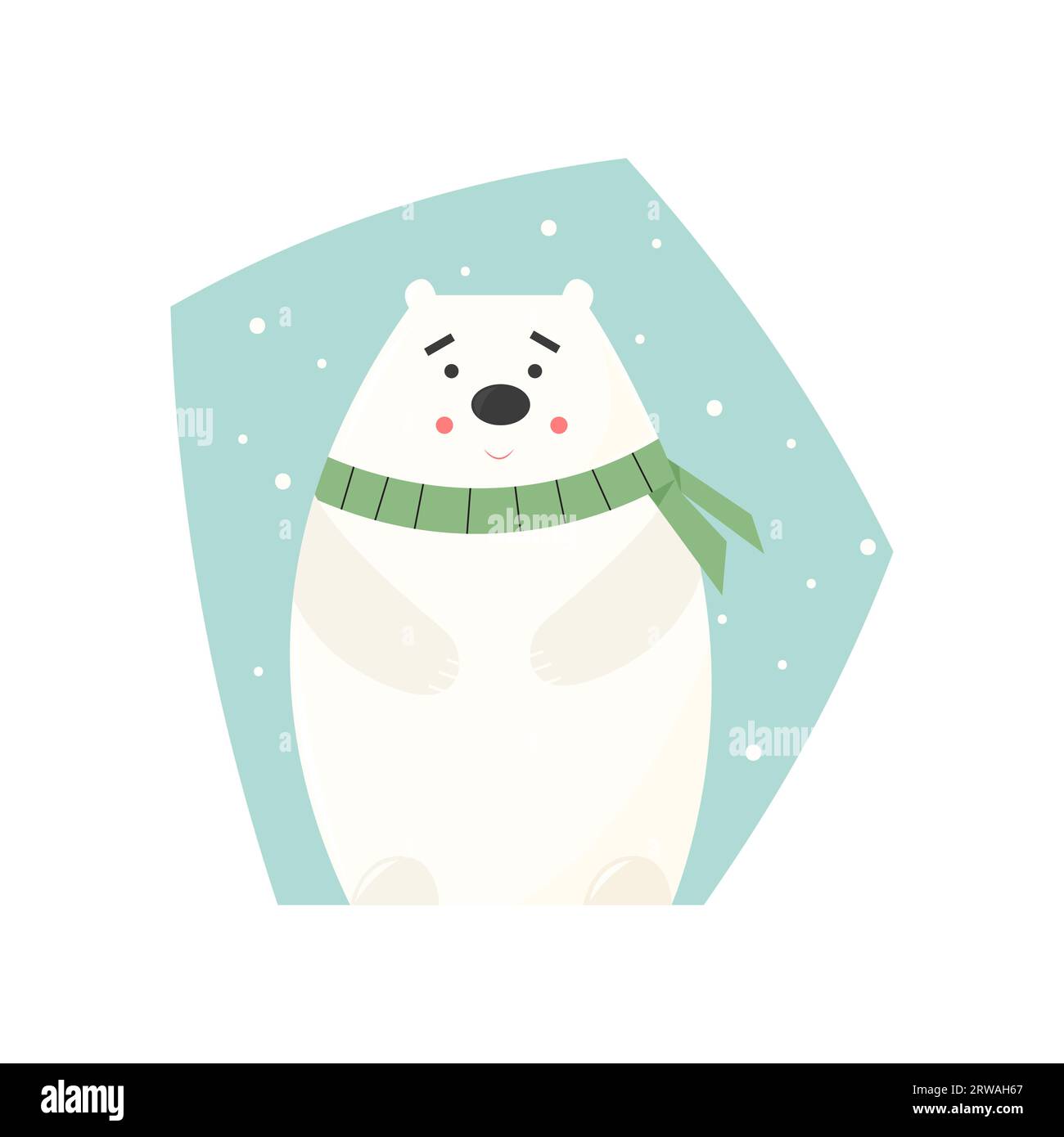 Grazioso orso polare bianco sotto la neve con sciarpa in maglia e sorridente. Illustrazione vettoriale piatta isolata su sfondo bianco. Pronto per i biglietti d'auguri, p Illustrazione Vettoriale